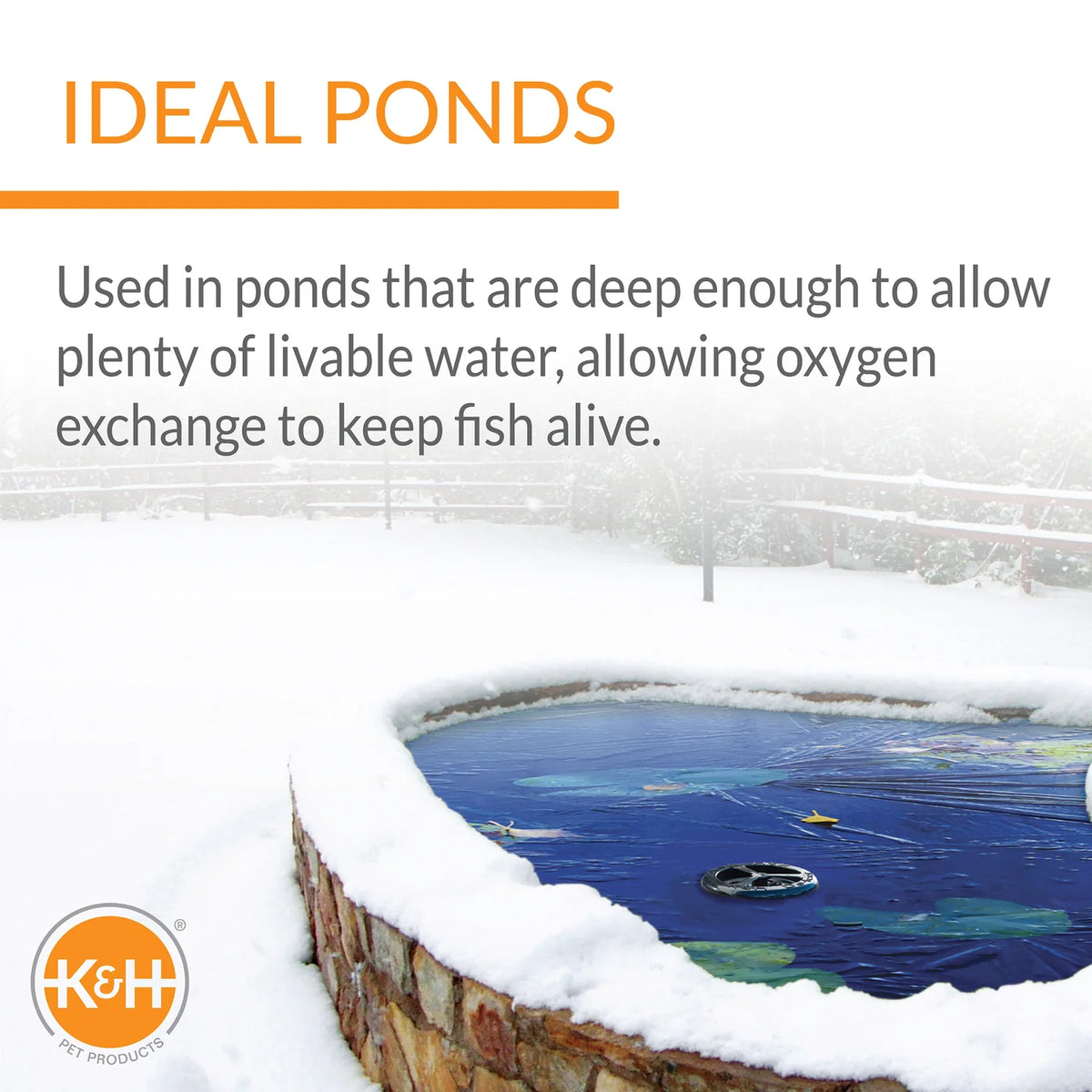 K&H de-icer floating in a snow-covered raised stone fish pond